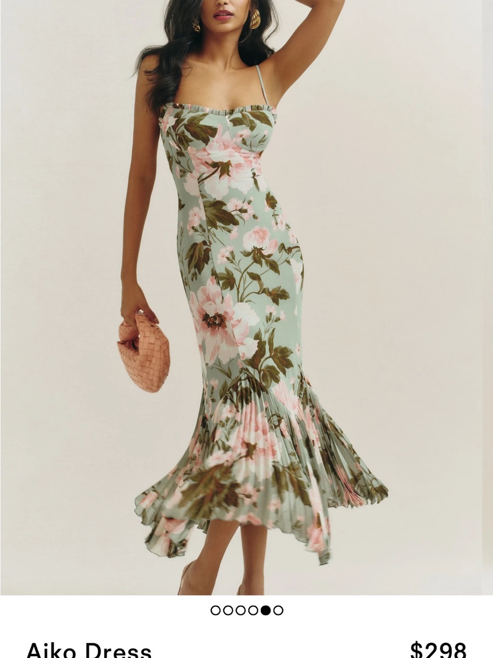 Reformation Aiko Midi Dress in Sage Green with Pink Floral - Picture 3 of 4